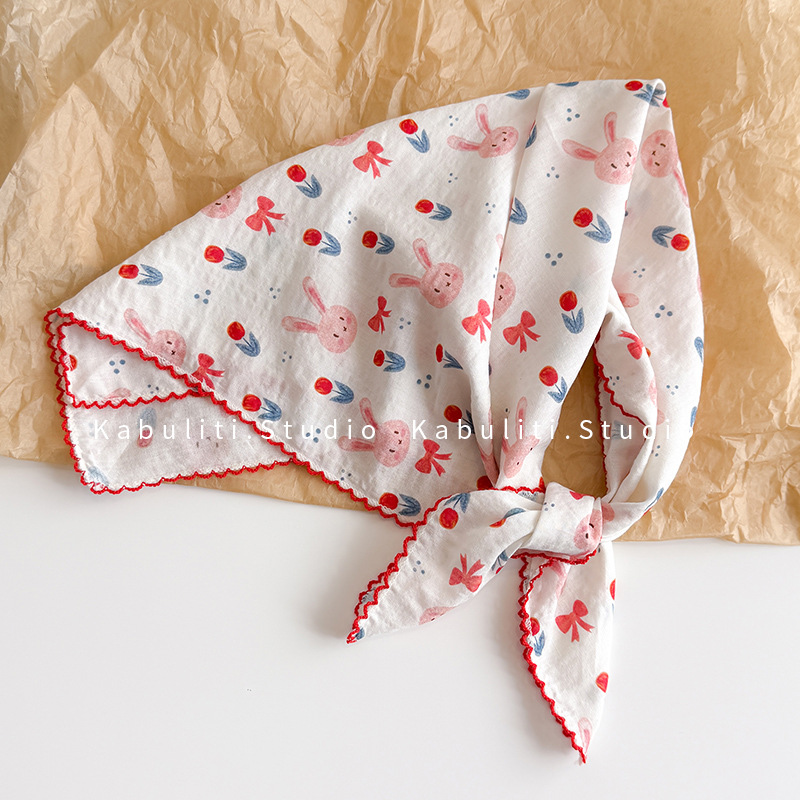 Ascot Neck Scarf - 코튼 린넨 스퀘어 스카프 58cm 꽃무늬
